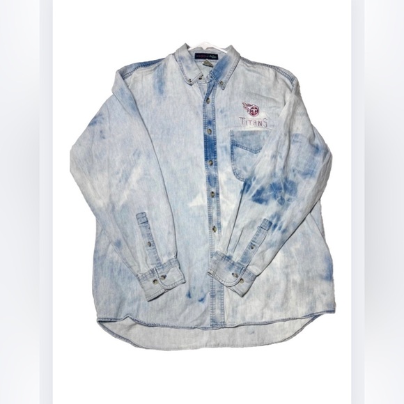 Vintage Tennessee Titans Tie Dye Bleached Large Cotton Button Down Denim Shirt - Picture 4 of 5